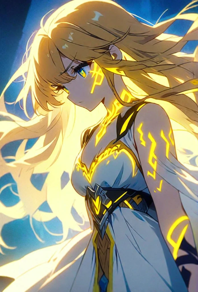 Anime screenshots、Artistic anime illustration of a woman adorned with thick, glowing neon jagged lightning tattoos across her body and face。The tattoos on his arms and legs are a mix of blue and yellow, giving off a neon glow.。She has long, flowing hair。The scene has a dreamy soft-focus effect that accentuates the glow of the tattoo.、Lightning symbol on the back of the hand、Close-up of face