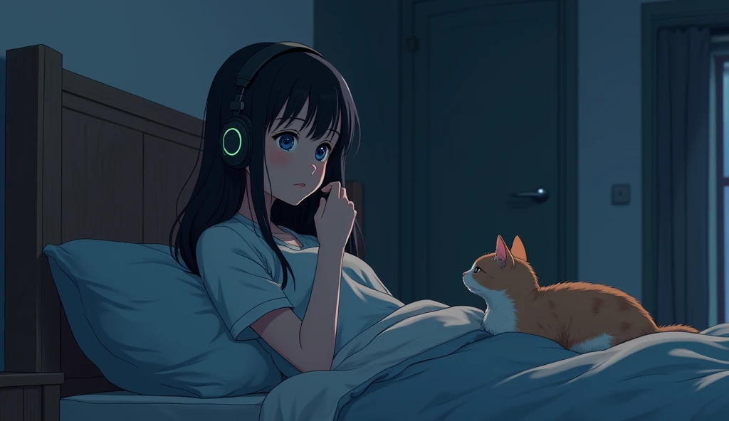 8k、night、dim、high school girl、Mature、long hair、trainer、Using headphones、bed、Cat、 2D-style animation, Lo-Fi、Retro、アニメ調An illustration、An illustration