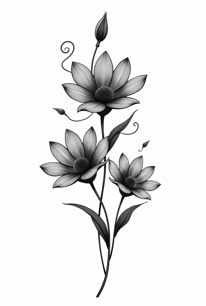 Black and white botanical tattoo design of approximately 20 cm where there are 3 large flowers with two simple and small snakes in between