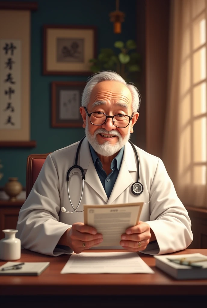 An elderly Chinese doctor in a clinic, smiling and holding a health report