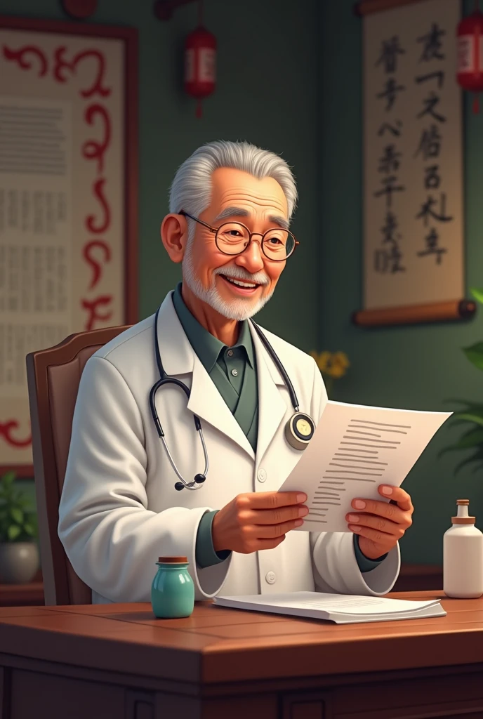 An elderly Chinese doctor in a clinic, smiling and holding a health report