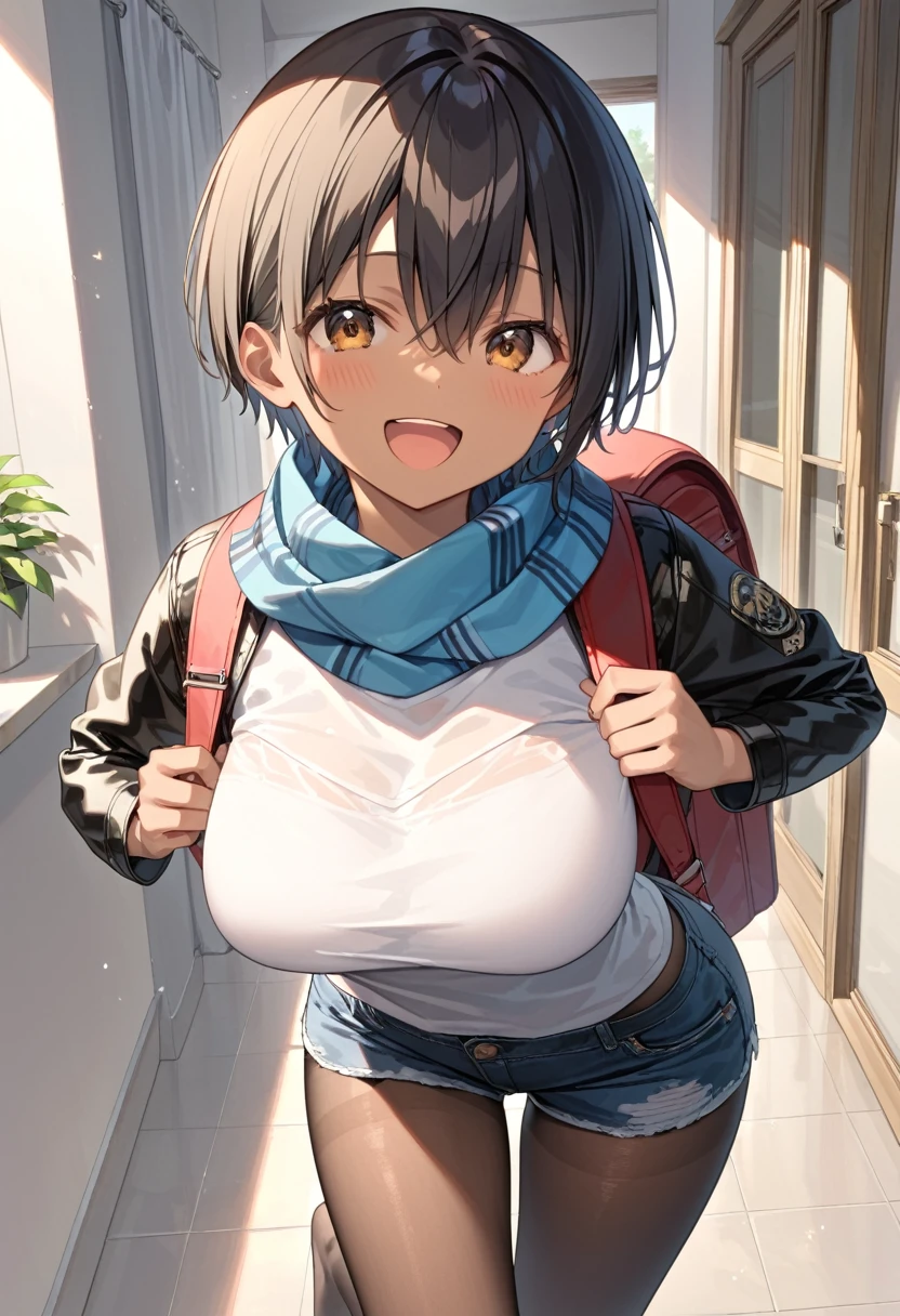 NSFW, score_9, score_8_up, score_7_up, score_6_up, score_5_up, score_4_up, source anime,masterpiece, high quality,BREAK Face focus,1girl,17yo,very short hair,black hair,(hair between eyes),(brown eyes),(dark skin:1.3),happy,laughing,BREAK large breast,Infinity Scarf,Leather Jacket,punk t shirt,short shorts,pantyhose,backpack,running,morning,