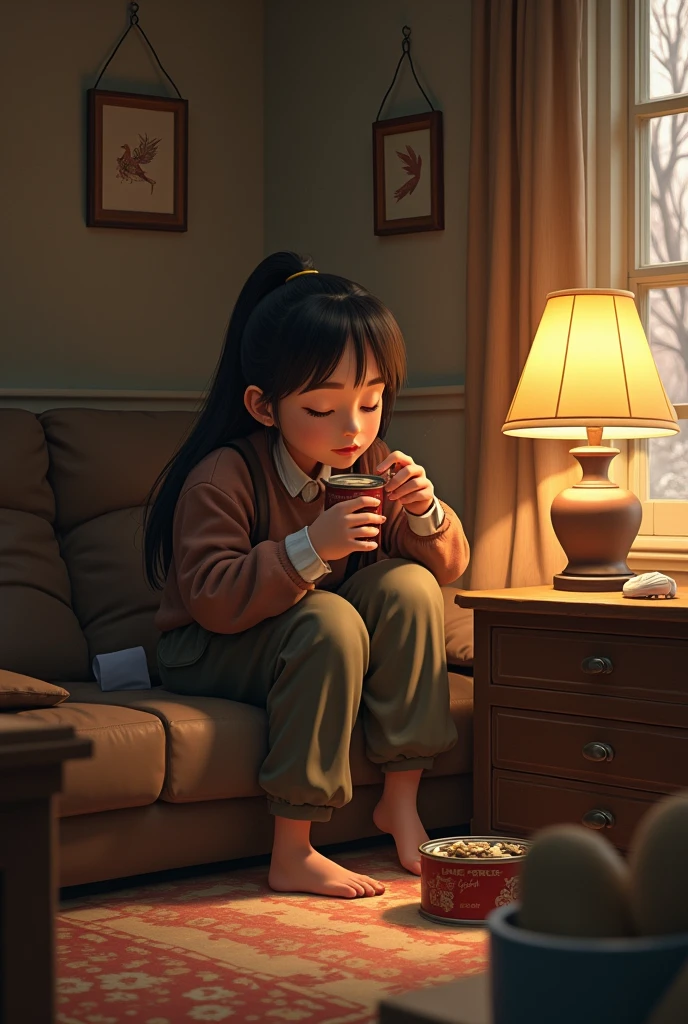 Interior, soft light, intricate details, warm colors,person eating herring can