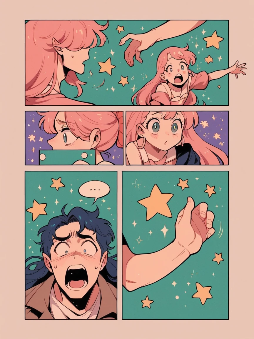 score_9, score_8_up, score_7_up, score_6_up, p4n3ls, 1girl, 1boy, stars, long hair, A princess gets startled, panels, (8k, best quality, master piece: 1.2),super high resolution,A page of a soft pastel colored comic book divided into frames, speech bubble、Powerful girl manga style