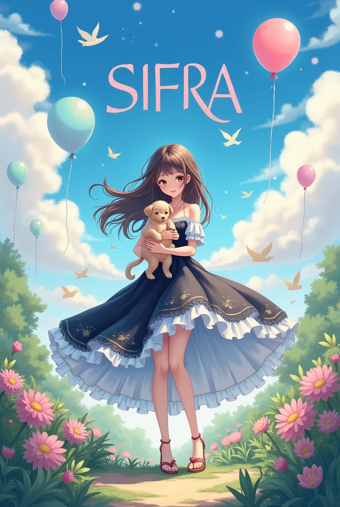 A beautiful girl in a garden and holding a cute puppy and open hairs her hair colour is brown and light black and wearing a long frock the frock colour is light black and white and Plus light blue and she wearing a cute sandals and the sky colour is blue Plus light is pink and wear flying some balloons and birds please write the name Sifra in big letter