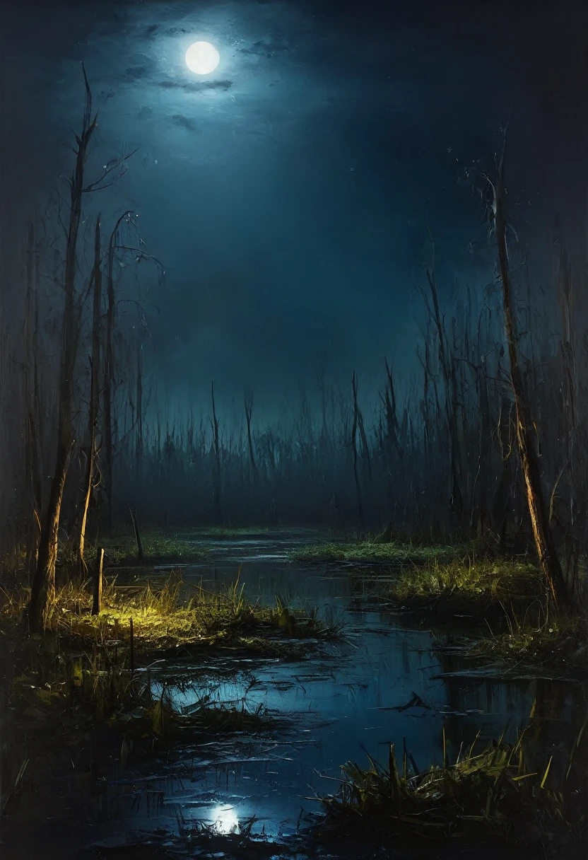 painting of a swamp at night, dark atmosphere, cinematic scene, volumetric lights, ultra realistic, in the style of nicola samori