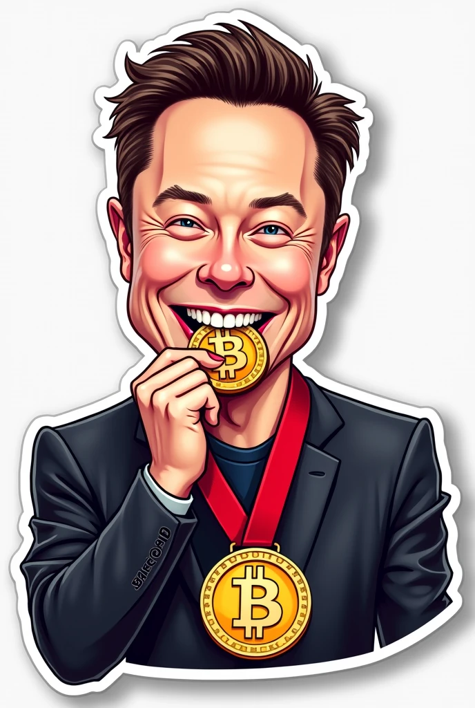Vector image sticker art of Elon Musk biting Bitcoin medal like Olympic winner medal over his neck cartoonistic realistic