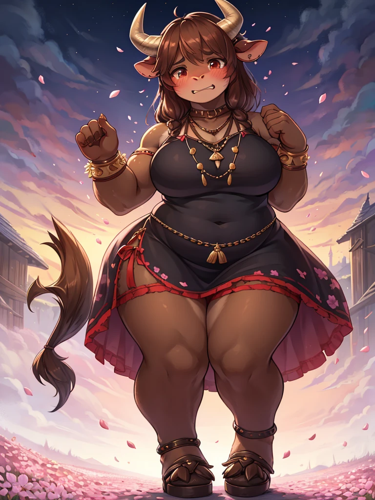 Minotaur thick Girl , Muscle , (realistic Minotaur face) , (realistic Minotaur legs) , Nose ring , Horseshoes , girly light dress , Swollen cheeks ,  Primula in full bloom , Petals are falling , Embarrassed and fidgety