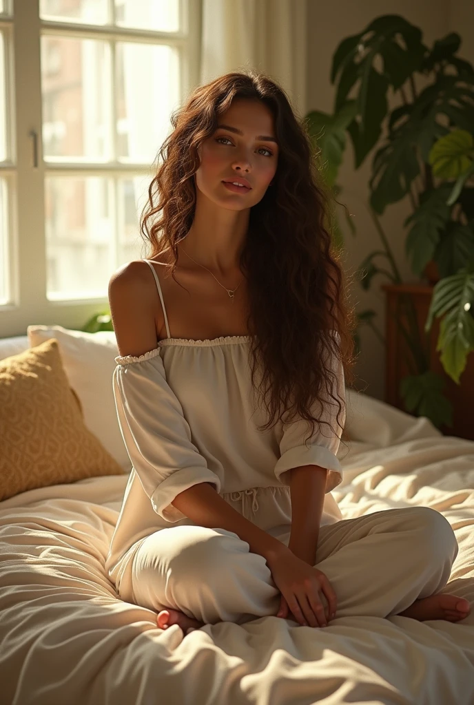 (photorealism:1.2), beautiful woman, sitting on bed, wearing loose off-shoulder top, pajama pants, long curly hair, indoors, soft lighting, plants in background, window with sunlight, cozy room, relaxed pose, realistic, intricate details, warm colors, by Greg Rutkowski, by Alphonse Mucha