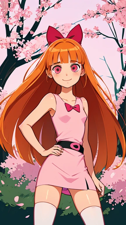 (1girl, solo, highly insanely detailed, masterpiece, top quality, best quality, highres, 4k, 8k, RAW photo),((innocent look)),((Childish)),From the front, symmetrical composition,smile,cute,Innocent,Kind eyes,Flat chest,Hairless vagina, Cameltoe, kim possible style,konohavillage, outdoor, (blossom), (orange hair, long hair, blunt bangs, pink eyes)
(bow, dress, belt, thighhighs)