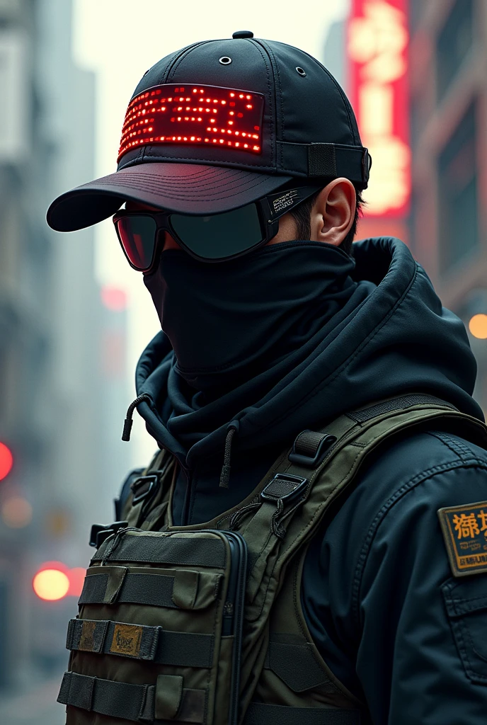 man with a cap, Ski mask, buff, black motocross goggles, black clothes, tactical clothing, camo green vest, drawing style, anime. Cap with a red holographic grid design in the center of the cap, cap on the side no mercy