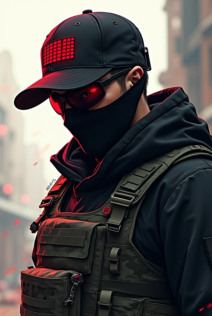 man with a cap, Ski mask, buff, black motocross goggles, black clothes, tactical clothing, camo green vest, drawing style, anime. Cap with a red holographic grid design in the center of the cap, cap on the side no mercy