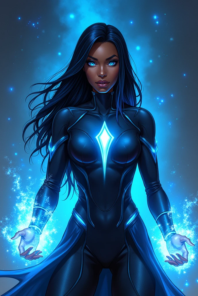 Black woman super heroine, with long black hair, straight and with blue highlights in the hair. the eyes shining blue, power coming out of her eyes, with blue powers in their hands, ready for combat saving the universe, dressed. in comics