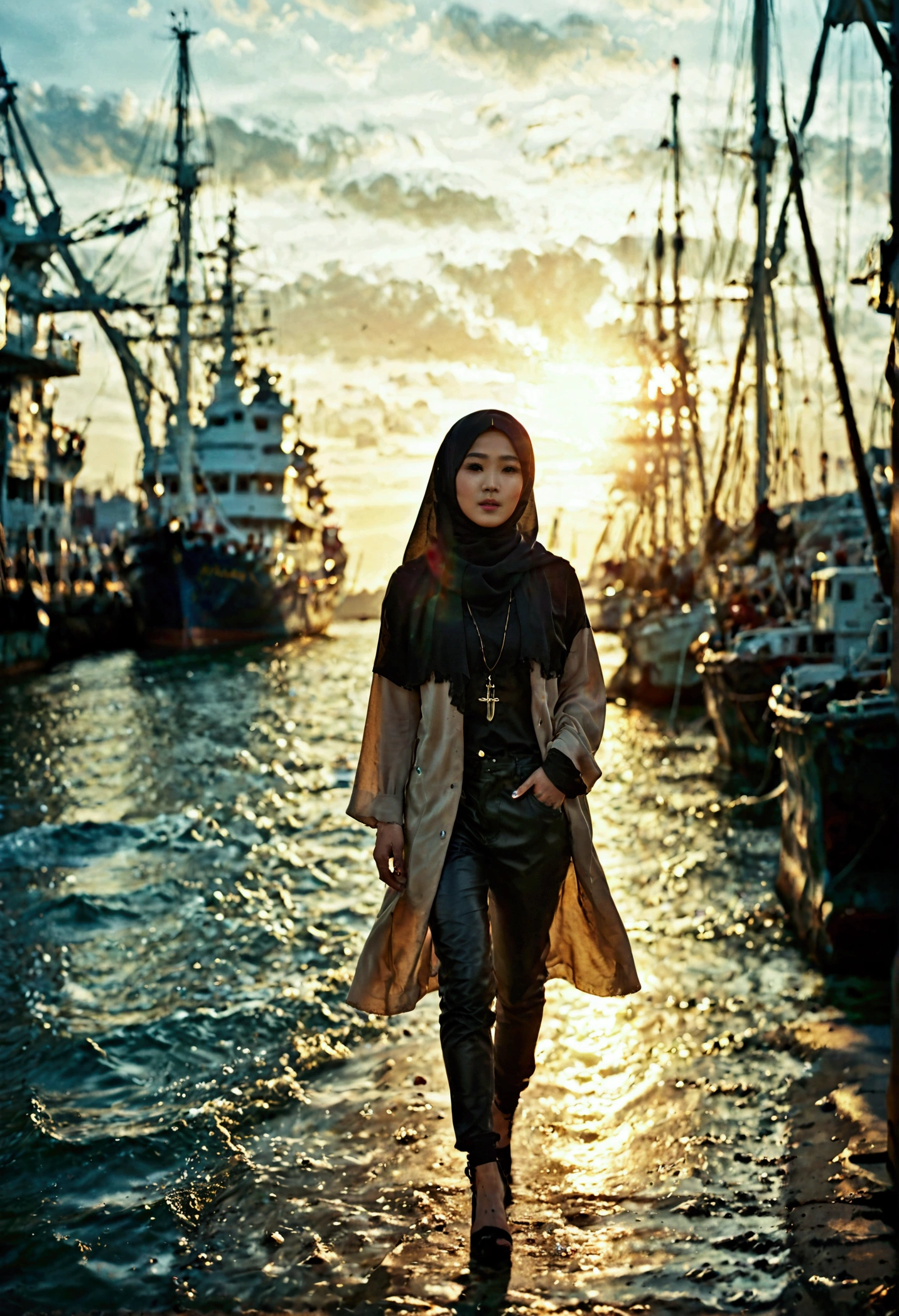 A cinematic medium shot of a Korean fashion model wearing a hijab walking along the harbor. She is dressed in a casual yetstylish outfit, wearing a worn-out tunic style hijab, black leather pants, and a pair of trendy high heels. The background features a picturesque view of the harbor, with cruise ship gently rocking on the water and the sun setting on the horizon, casting a warm golden light on the scene. Seagulls are flying gracefully around her.