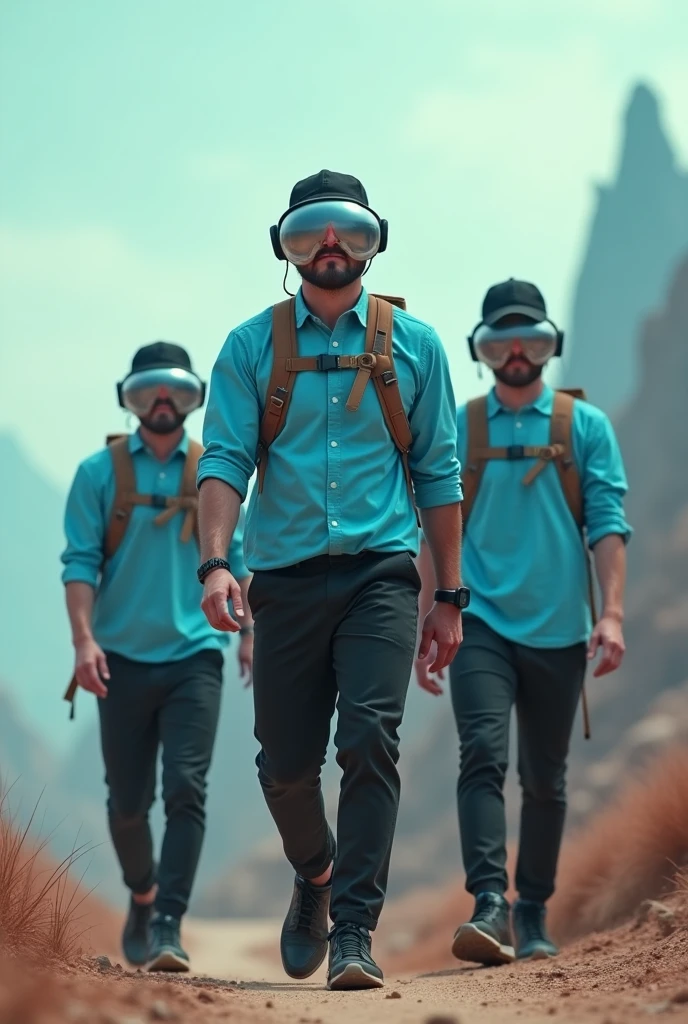 Men in Sky blue shirt and black pant and black cap with transparent goggle