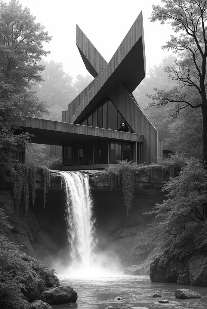 Black and white architectural drawing lines Frank Lloyd Wright Falling Water Villain Serene waterfall