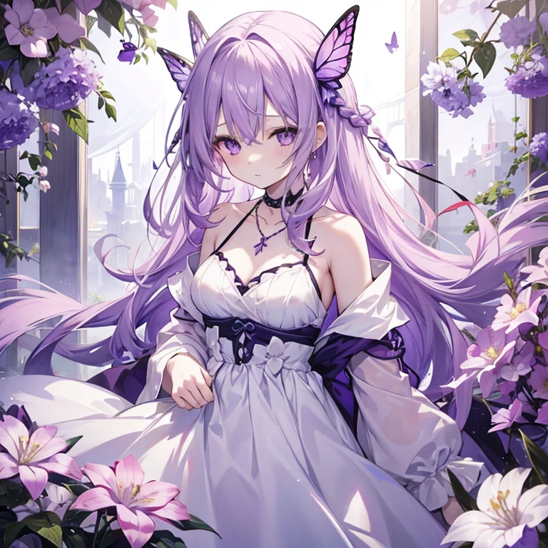 1 girl、Mature、Ample breasts、Long Hair、pale purple hair、pale colour合い、Fleeting、sleepy、pale colourの花、Purple butterfly、Shoulder Bare、necklace、dress、I'll never wake up、Lace fabric、In a dream、Warm sunlight、prism、pale colour、Vanishing、I want to sleep、I want to die peacefully、High resolution、Highest quality