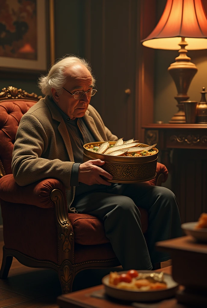 Interior, soft light, intricate details, warm colors,person eating huge herring can
