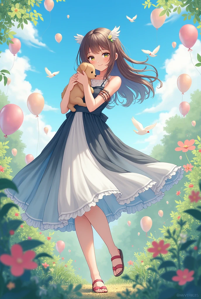 A beautiful girl in a garden and holding a cute puppy and open hairs her hair colour is brown and light black and wearing a long frock the frock colour is light black and white and Plus light blue and she wearing a cute sandals and the sky colour is blue Plus light is pink and wear flying some balloons and birds please write the name Sifra in big lette
