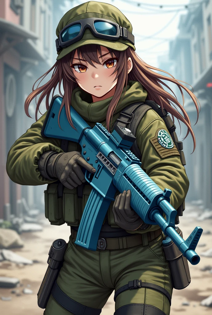I want a girl with brown eyes, black eyebrows, brown hair. I want her to be dressed as a war-type gamer and have a light blue MP40 weapon and for the drawing to be anime but well drawn with FULL BODY detail so that her feet and more camouflage clothing can be seen.