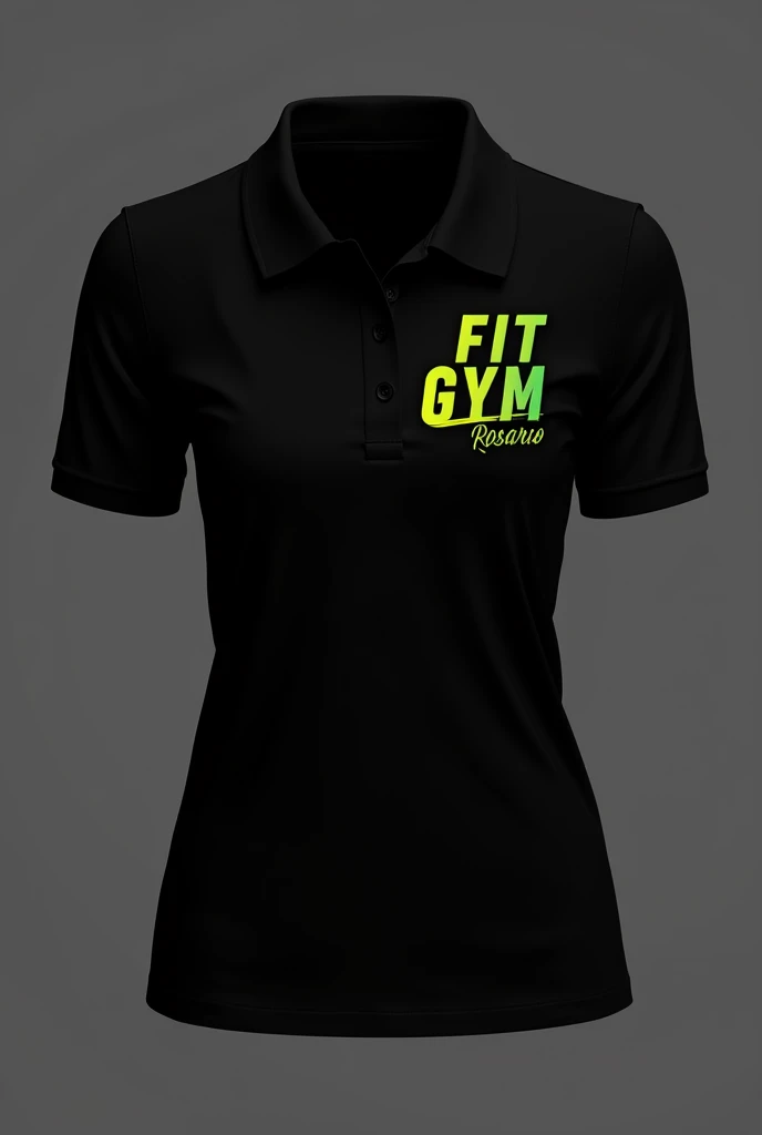 Give me logos for black polo shirts with FIT GYM ROSARIO only with the letters in green and yellow details, The polo neck should be round and is for women with eye-catching letters that are more professional without that shirt-type collar.