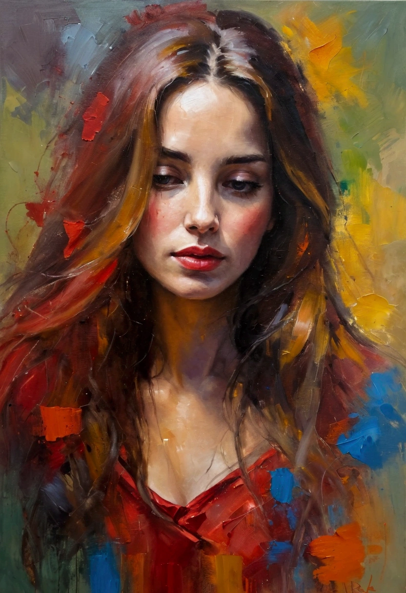 painting of a woman with long hair and a red dress, beautiful portrait oil painting, emotional oil painting, expressive beautiful portrait, alla prima oil painting, fine art portrait painting, expressive beautiful painting, oil paint, digital art oil painting, beautiful art uhd 4 k, painting of beautiful, an expressive oil painting, oil art, by Charles Roka