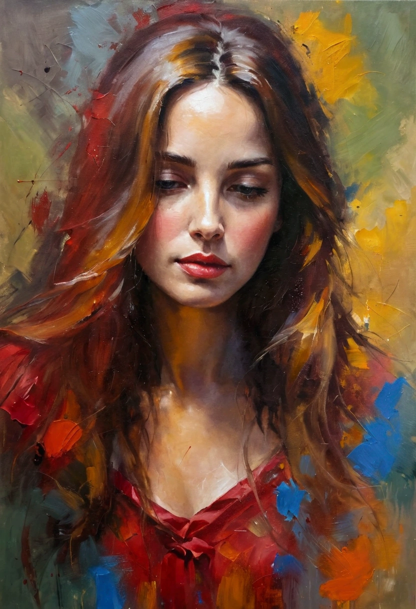 painting of a woman with long hair and a red dress, beautiful portrait oil painting, emotional oil painting, expressive beautiful portrait, alla prima oil painting, fine art portrait painting, expressive beautiful painting, oil paint, digital art oil painting, beautiful art uhd 4 k, painting of beautiful, an expressive oil painting, oil art, by Charles Roka