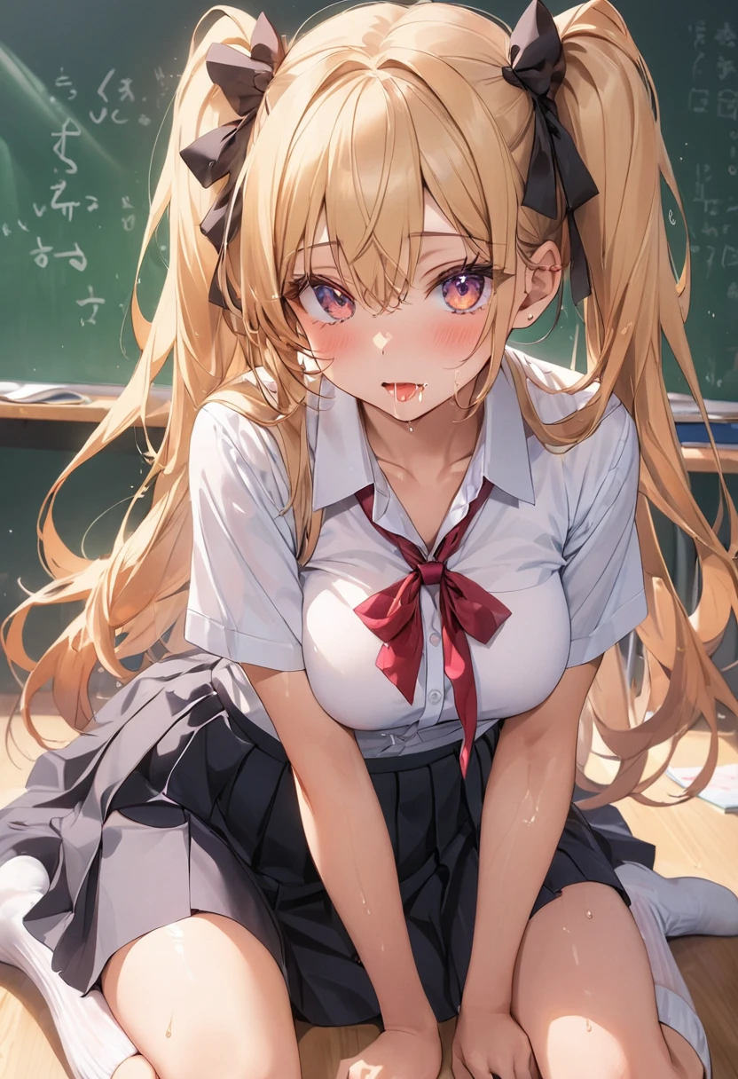 Browsing Caution、 ((High resolution)), ((Highest quality)), (Browsing Caution:1.4)、thin、Big Breasts、((Sweatでテカテカした肌)), (school uniform:1.2、loose socks)、White shirt、Black Skirt、Blonde, (Half Twin Tail)、(((Love Juice)))、classroom、model、Ecstasy、Feeling Face、Big eyes、Long eyelashes、beautiful girl、Black gal、(((Soaked from head to toe)))、((Brown Skin))、(((Sweat)))、(((Body odor)))、(((odor)))、(pubic hair)、Spread your legs、((Licking feet))、(((tears)))、(((Drooling)))、((sex))