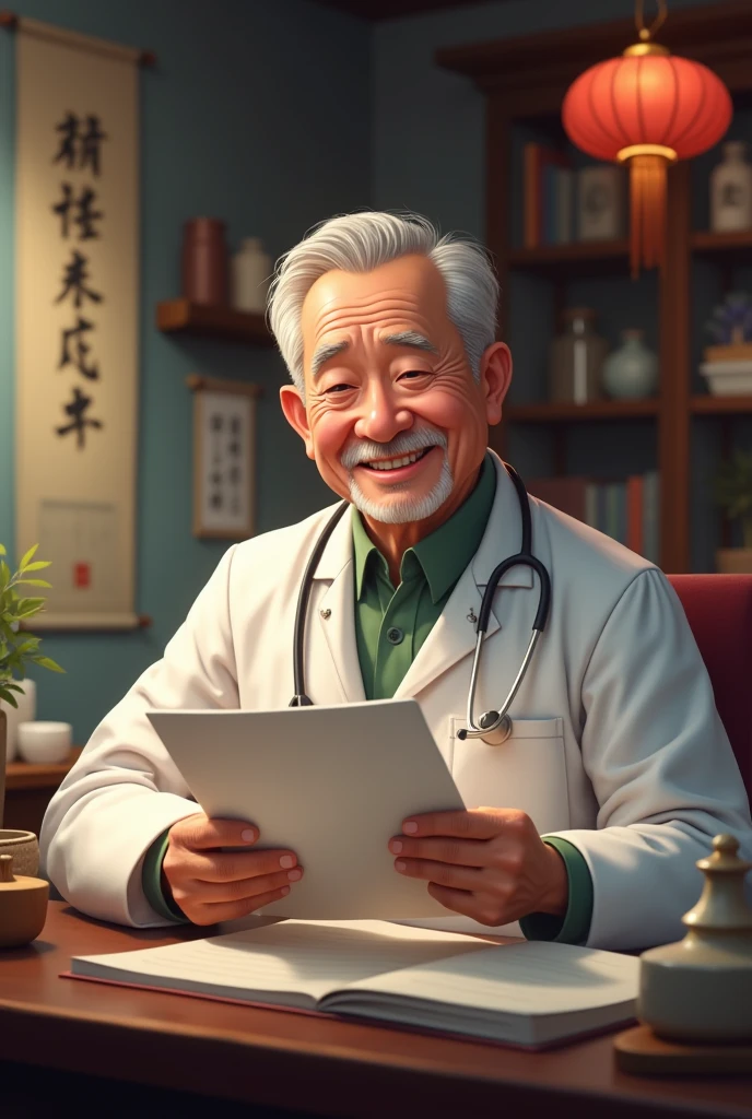 An elderly Chinese doctor in a clinic, smiling and holding a health report