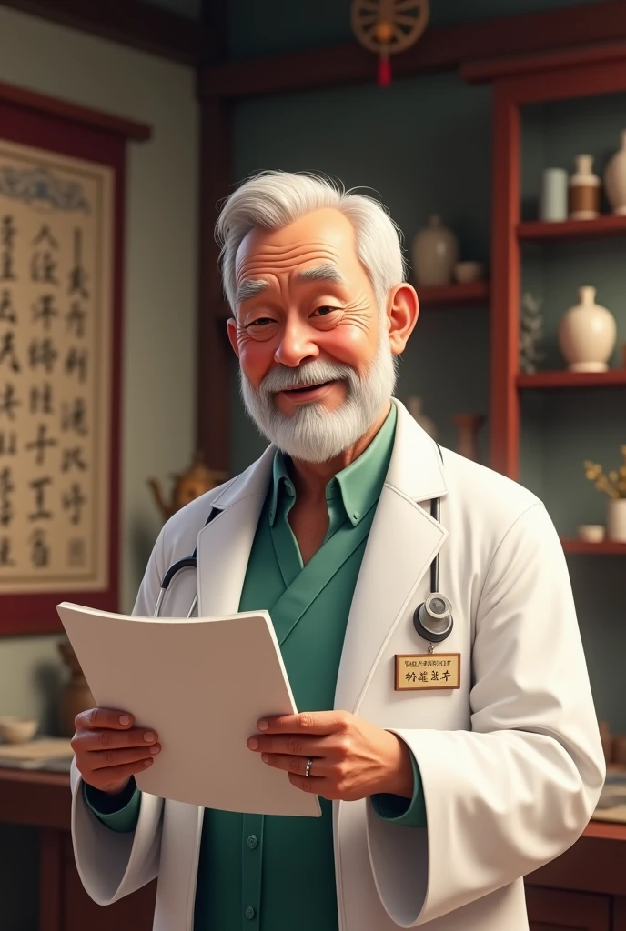 An elderly Chinese doctor in a clinic, smiling and holding a health report