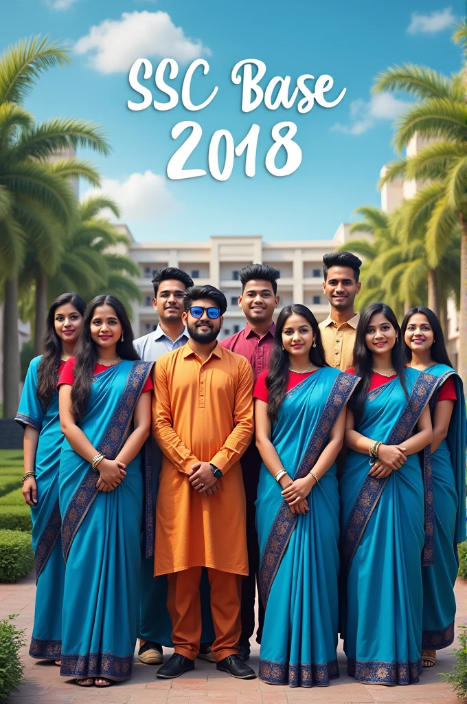 SSC batch boys and girl group photo.
10 girls and 10 boys. They both are so beautiful.Boys in Bangladeshi Punjabi. And girls in blue saree.
And written in the sky" SSC base 2018"
With amazing School background.