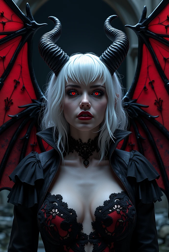 A cinematic shot of a dark fantasy portrait of a seductive succubus named Lady Venus. She has striking white hair that fades to black at the ends and adorns her forehead. Wings with a vibrant red center frame both sides of her head. Her unique eyes. The background showcases a dark, gothic architecture. The overall composition is illuminated by dramatic lighting. This portrait is a masterful combination of photography, 3D render, and artistic elements.