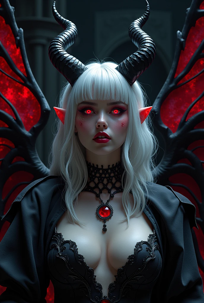 A cinematic shot of a dark fantasy portrait of a seductive succubus named Lady Venus. She has striking white hair that fades to black at the ends and adorns her forehead. Wings with a vibrant red center frame both sides of her head. Her unique eyes. The background showcases a dark, gothic architecture. The overall composition is illuminated by dramatic lighting. This portrait is a masterful combination of photography, 3D render, and artistic elements.