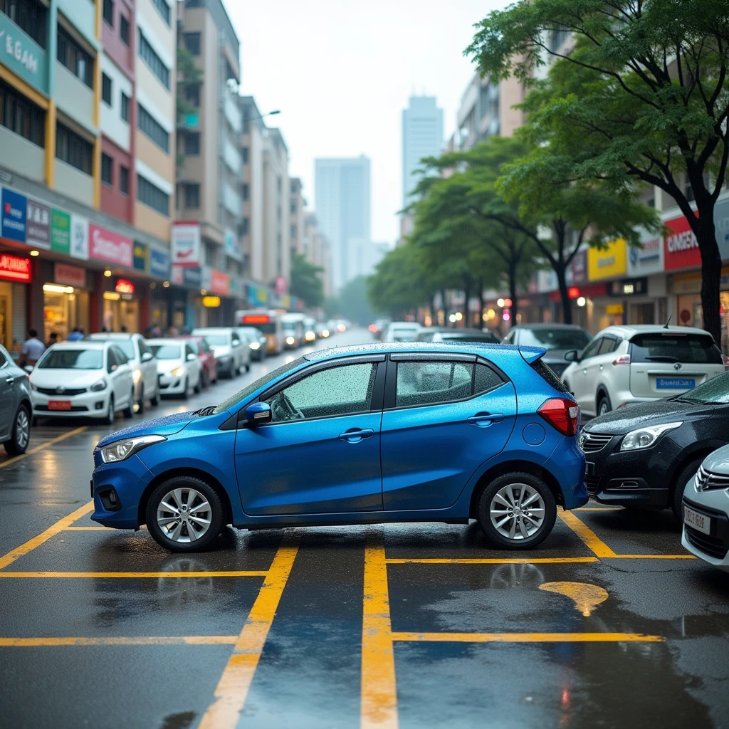 A scene of showing a failed parking attempt in a busy urban parking lot in front of a row of shop lots in Kuala Lumpur on a wet day , with the pavement still glistening from recent rain. In the center of the scene is a blue Perodua Myvi Ez parked vertically across two horizontal parking spots, with both the front and rear of the car extending over the yellow lines, occupying both spaces. Other cars are parked horizontally following the lines as well horizontally in their spots around it. The shop lots have a variety of storefronts, some with colorful signage , and the background includes trees , a grassy area , and the cityscape of Kuala Lumpur with buildings and light traffic on the street under a slightly overcast sky . The inconsiderate parking of the blue car is clearly visible in this bustling commercial area