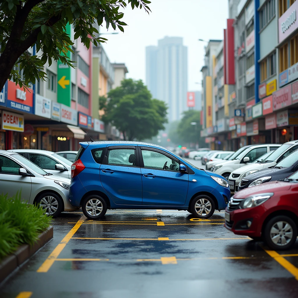 A scene of showing a failed parking attempt in a busy urban parking lot in front of a row of shop lots in Kuala Lumpur on a wet day , with the pavement still glistening from recent rain. In the center of the scene is a blue Perodua Myvi Ez parked vertically across two horizontal parking spots, with both the front and rear of the car extending over the yellow lines, occupying both spaces. Other cars are parked horizontally following the lines as well horizontally in their spots around it. The shop lots have a variety of storefronts, some with colorful signage , and the background includes trees , a grassy area , and the cityscape of Kuala Lumpur with buildings and light traffic on the street under a slightly overcast sky . The inconsiderate parking of the blue car is clearly visible in this bustling commercial area