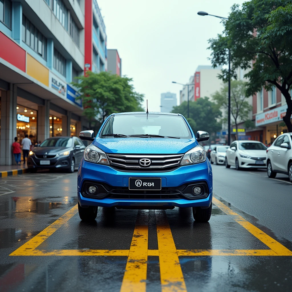 A scene of showing a failed parking attempt in a busy urban parking lot in front of a row of shop lots in Kuala Lumpur on a wet day , with the pavement still glistening from recent rain. In the center of the scene is a blue Perodua Myvi Ez parked vertically across two horizontal parking spots, with both the front and rear of the car extending over the yellow lines, occupying both spaces. Other cars are parked horizontally following the lines as well horizontally in their spots around it. The shop lots have a variety of storefronts, some with colorful signage , and the background includes trees , a grassy area , and the cityscape of Kuala Lumpur with buildings and light traffic on the street under a slightly overcast sky . The inconsiderate parking of the blue car is clearly visible in this bustling commercial area