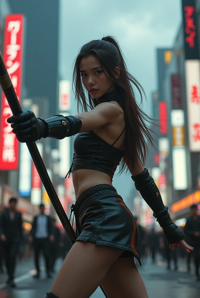 Best quality, masterpiece, ultra high res, (photorealistic:1.4), raw photo, Japanese girl, cinematic lightning, long brown hair, holding a bo staff, ready to attack, elbow pads, black leather shirt, sleeveless, leather short skirt, boots, tokyo downtown, shibuya crossing, dark clouds, body shot