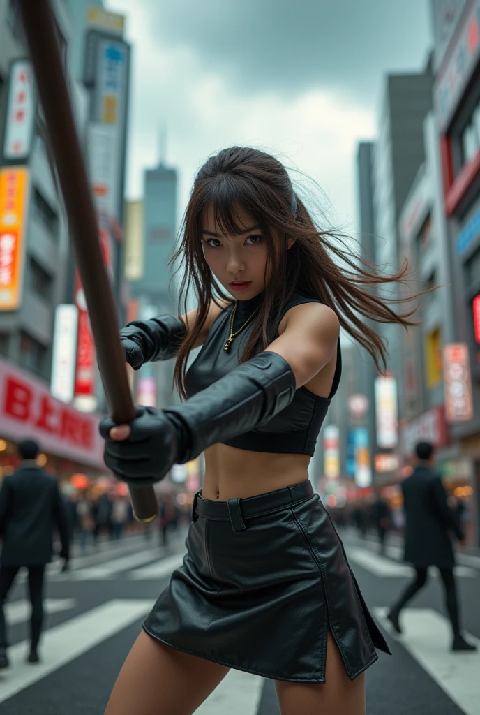 Best quality, masterpiece, ultra high res, (photorealistic:1.4), raw photo, Japanese girl, cinematic lightning, long brown hair, holding a bo staff, ready to attack, elbow pads, black leather shirt, sleeveless, leather short skirt, boots, tokyo downtown, shibuya crossing, dark clouds, body shot