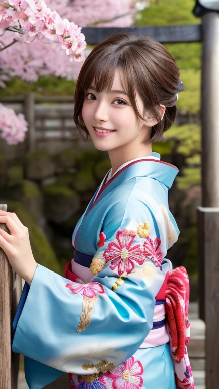 (8k, RAW Photos, Highest quality:1.2), (reality, reality的:1.4), (非常に詳細な8kwallpaper)、Sharp focus, Cinema Lighting, Beautiful eyes in every detail, Asymmetrical bangs, Glowing Skin, Highly detailed skin ,High resolution, Attention to detail, Detailed hairstyle, Ultra detailed face, Detailed lips, Hyper Real, Perfect limbs, Perfect Anatomy ,1 Japanese girl,Famous idols of Japan, Perfect female body,smile,short eyelashes,double eyelid、Look straight here,, whole body ,Tabletop、wallpaper、reality的、Bright lighting、Professional Lighting、Face Light Smooth Lighting、Beautiful woman、action、gravure、Sexy、so beautiful、Beautiful Skin、slim、((short hair))、((Brunette Hair))、Brown eyes、Looking into the camera、Small Bust、Pretty face,, smile, Hot spring background for hot spring inn, 超High resolution, Backlight, Top-down angle、Accurate 5 fingers, software , Bony body, Messy Hair,(High-quality yukata in vibrant colors:1.3), (Gorgeous embroidered kimono:1.3)、（You can see the torii gate.）、Pull out
