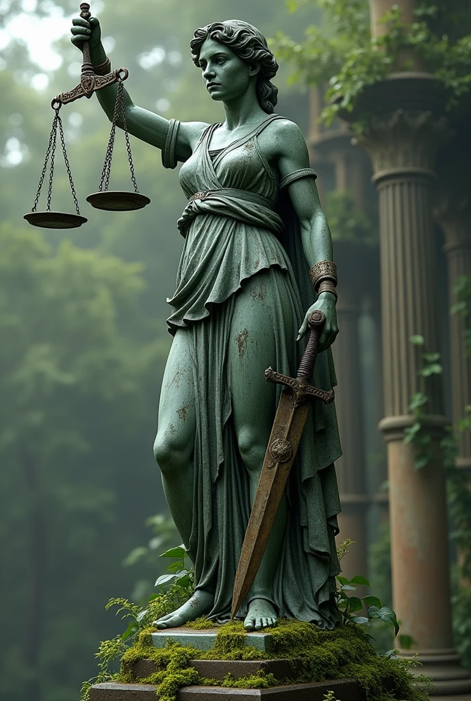 The statue of the goddess Themis, which has long been abandoned and has many leaves, holds scales in her right hand and a sword in her left hand., the scales one is and the other looks like heaven