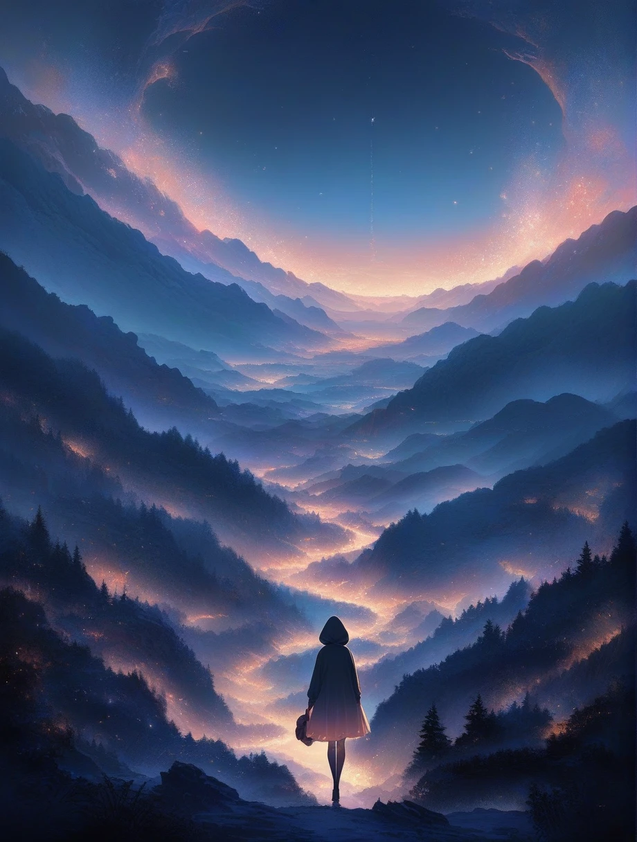score_9, score_8_up, score_7_up, score_anime, masterpiece, top quality, delicate illustration, sharp lines, sharp focus, BREAK,Traveler girl wandering in the endless night world,girl wearing a hood,backpack full of stuff,night Otherworldly, Fantastic scenery, Beautiful landscape, Harmony with nature, Spectacular view, ((dark)), Scenery that no one has ever seen before