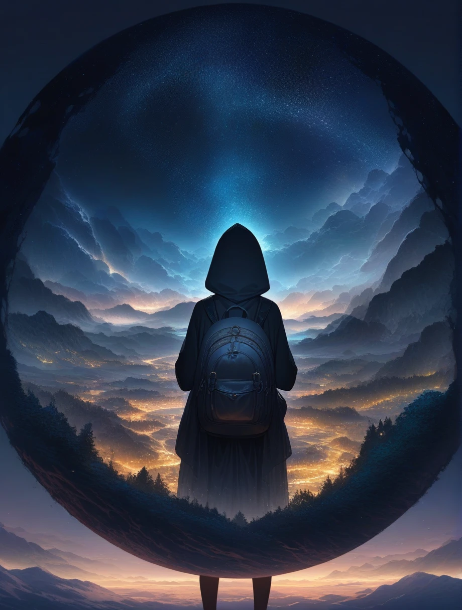 score_9, score_8_up, score_7_up, score_anime, masterpiece, top quality, delicate illustration, sharp lines, sharp focus, BREAK,Traveler girl wandering in the endless night world,girl wearing a hood,backpack full of stuff,night Otherworldly, Fantastic scenery, Beautiful landscape, Harmony with nature, Spectacular view, ((dark)), Scenery that no one has ever seen before