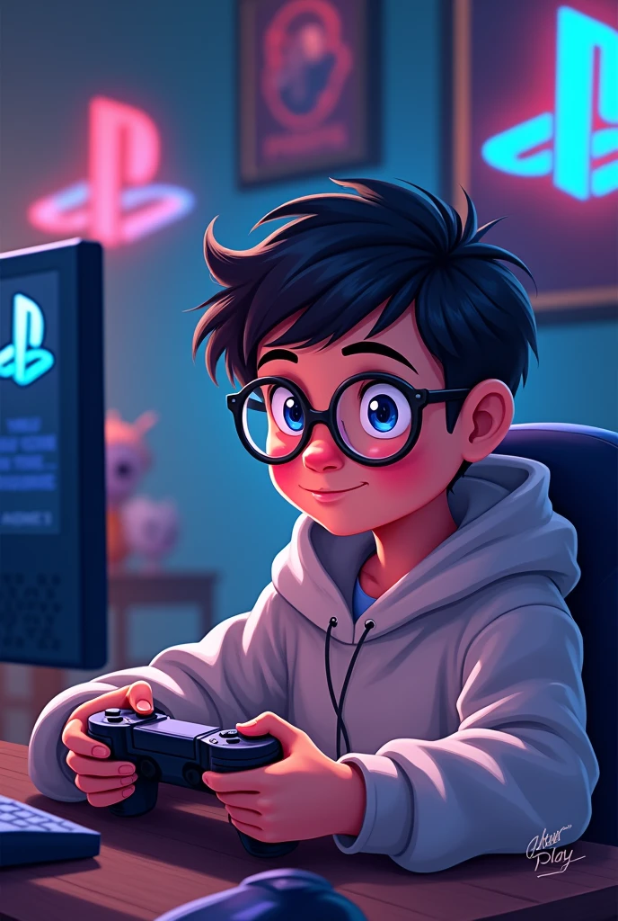 boy with glasses, gamer with a sweatshirt
art by anurag that has a play station controller logo and several video game posters in the background. Logo with the name Anurag PLAY, themed around a nerd with glasses playing video games