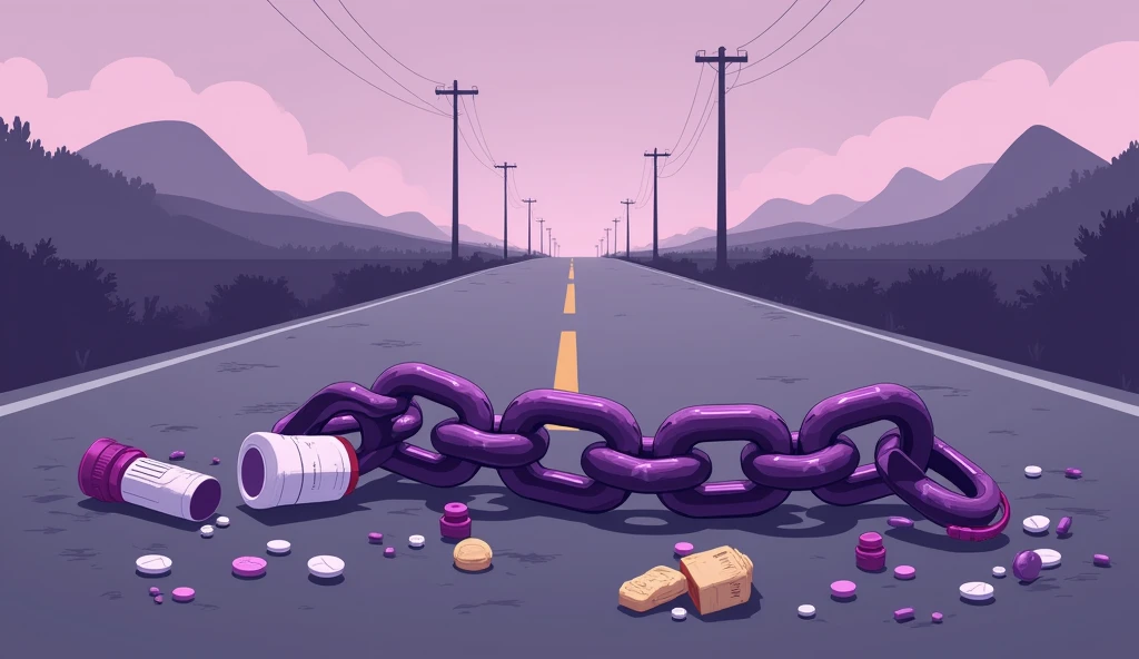 Purple chain thrown on a road, medicines thrown on the road, shades of purple, chains, style cartoon, lifeless colors,