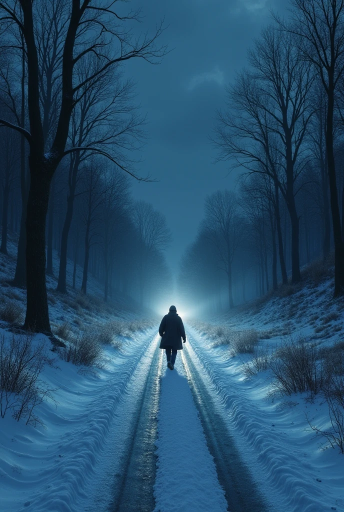 Horror road, night time, winter wonderland