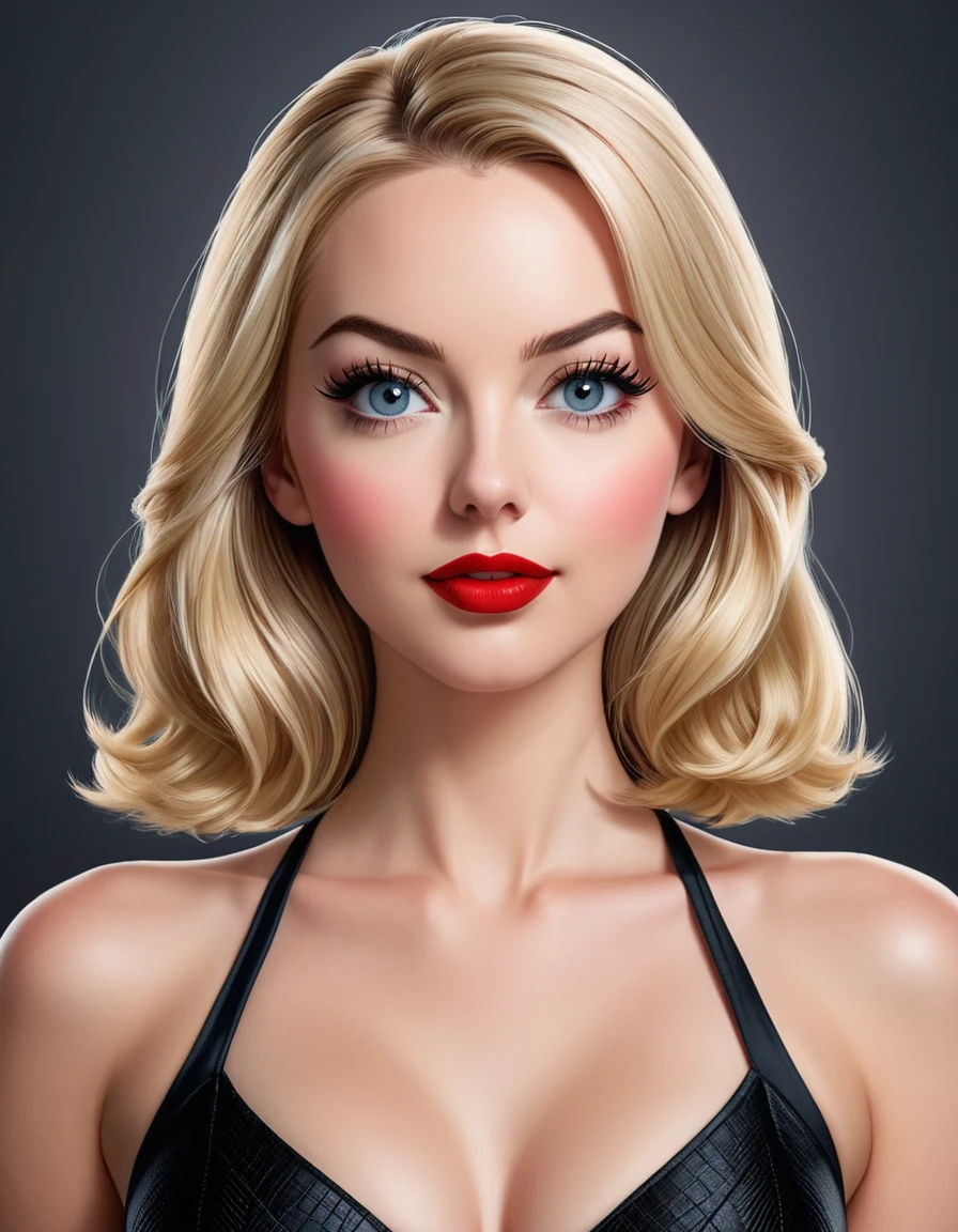 A waist-up portrait of a beautiful female whose facial features are a combination of Gwen Stacy + Brianne Howey. The female has lovely makeup on her face. The female wears red lipstick. Symmetrical eyes. Symmetrical face. Lovely details. Photorealistic. Full-colored photo. Professional photo. Highly detailed 8K.