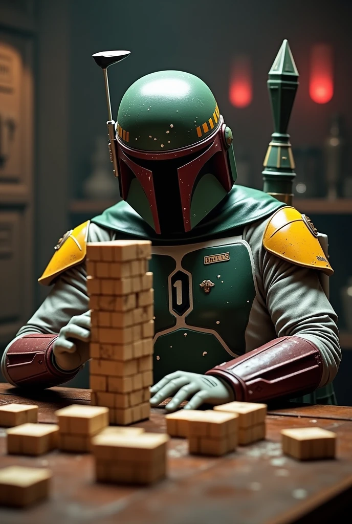 Boba Fett sitting at a table playing poker、Star Wars、movie、Mandaean、