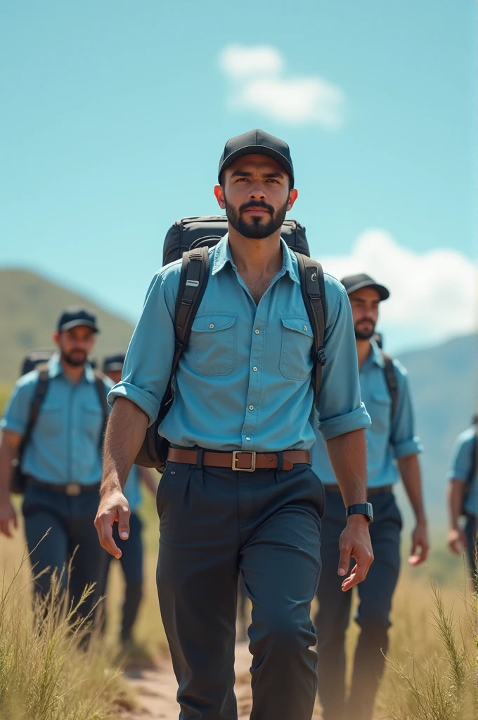 Men in sky blue shirt with black pant and black cap