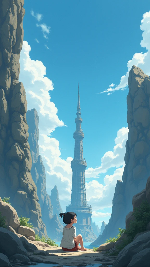 a girl sitting on rocks looking at the sky, distant tower piercing the sky, Makoto Shinkai cyril rolando, anime art wallpaper 4k, anime art wallpaper 4k, Cyril Rolando and Fujita Goro, anime art wallpaper 8k, 4k anime wallpaper, anime wallpaper 4k, anime wallpaper 4k, ((Makoto Shinkai)), Makoto Shinkai!