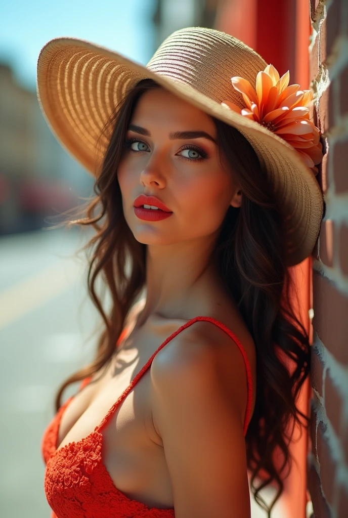 brunette with hot, perfect body, Rebecca, cherry red lipstick, k, makeup, full body, top-quality, hightquality, Extreme Detail Photography, Eye for extreme detail, masterpiece, 16k, 8k, 4K, HD, UHD, Summer in the city , a beautiful woman, posing for a picture, looking aroused, she is wearing a tight summer dress, side boob, stockings,red lips, sunhat with a flower, depth of field, bokeh, close up shot of her face and cleavage from the side, Brunette Blue Eyes Rebecca, full body view